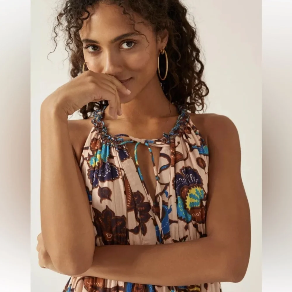 Anthro Love the label V-neck tiered ruffled maxi dress browns blues floral New S - Picture 8 of 16